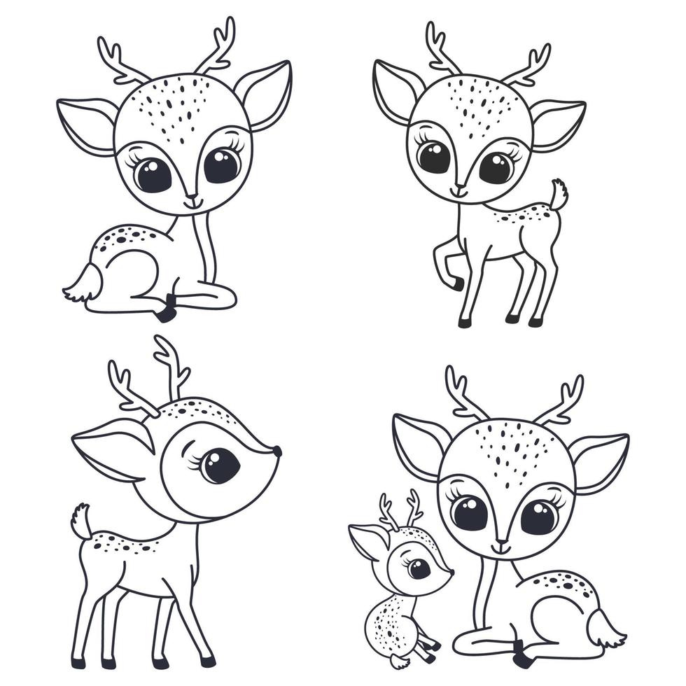 A set of contours of cute deer. Vector illustration of a cartoon.