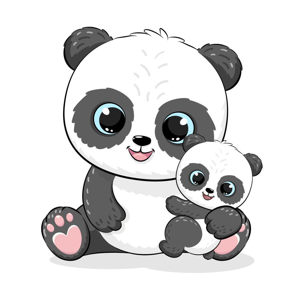Cute panda mom with a cub. Vector illustration of a cartoon.
