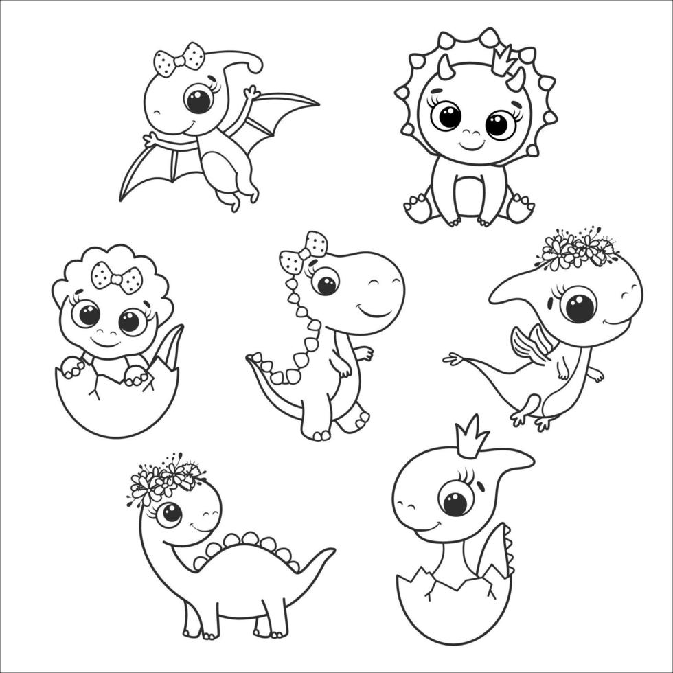 A set of cute contoured dinosaurs. Girls are dinosaurs. vector
