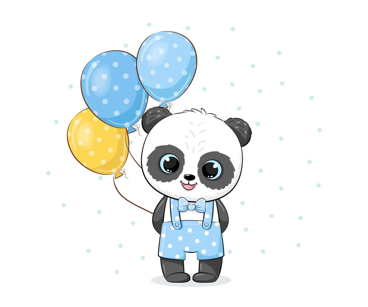 linda panda con globos dibujos animados vector ilustración.