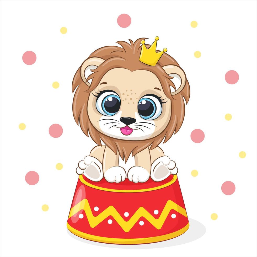 Cute lion cub performs in the circus. Vector illustration of a cartoon.