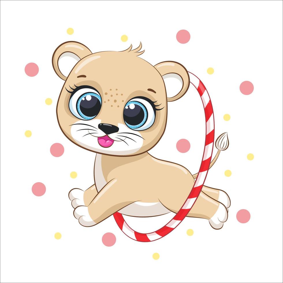 Cute lion cub performs in a circus, jumps through a hoop. Vector illustration of a cartoon.