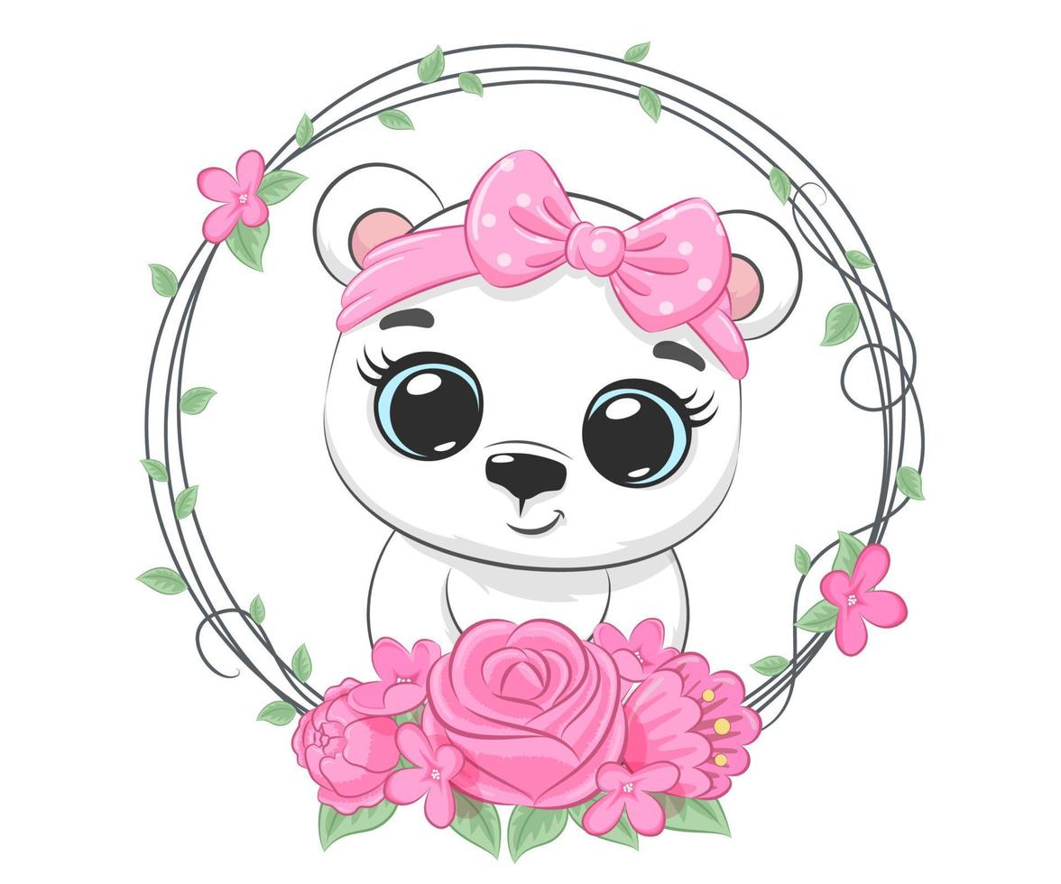 Cute polar bear girl and a festive wreath. Cartoon vector illustration.