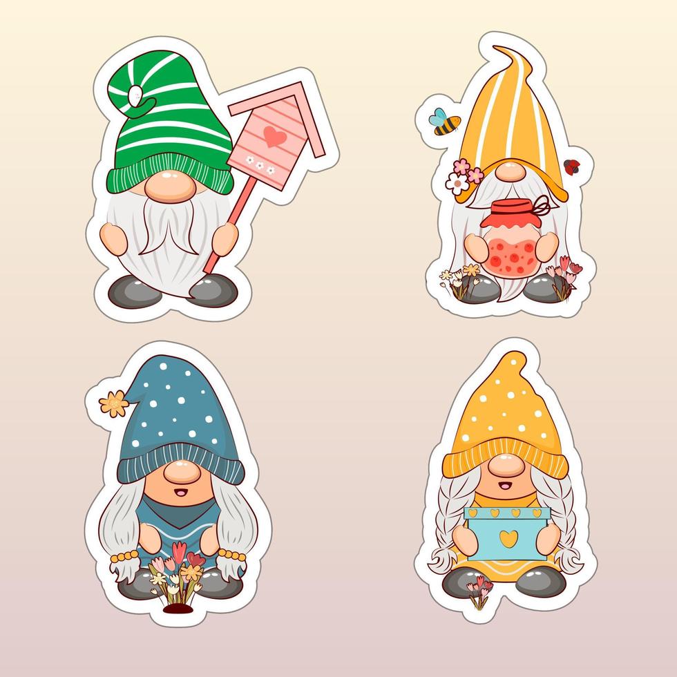 Sweet springtime gnome cartoon characters. Illustration of kawaii little gnomes. Funny printable stickers. vector