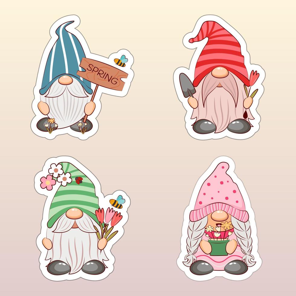 Sweet springtime gnome cartoon characters. Illustration of kawaii little gnomes. Funny printable stickers. vector