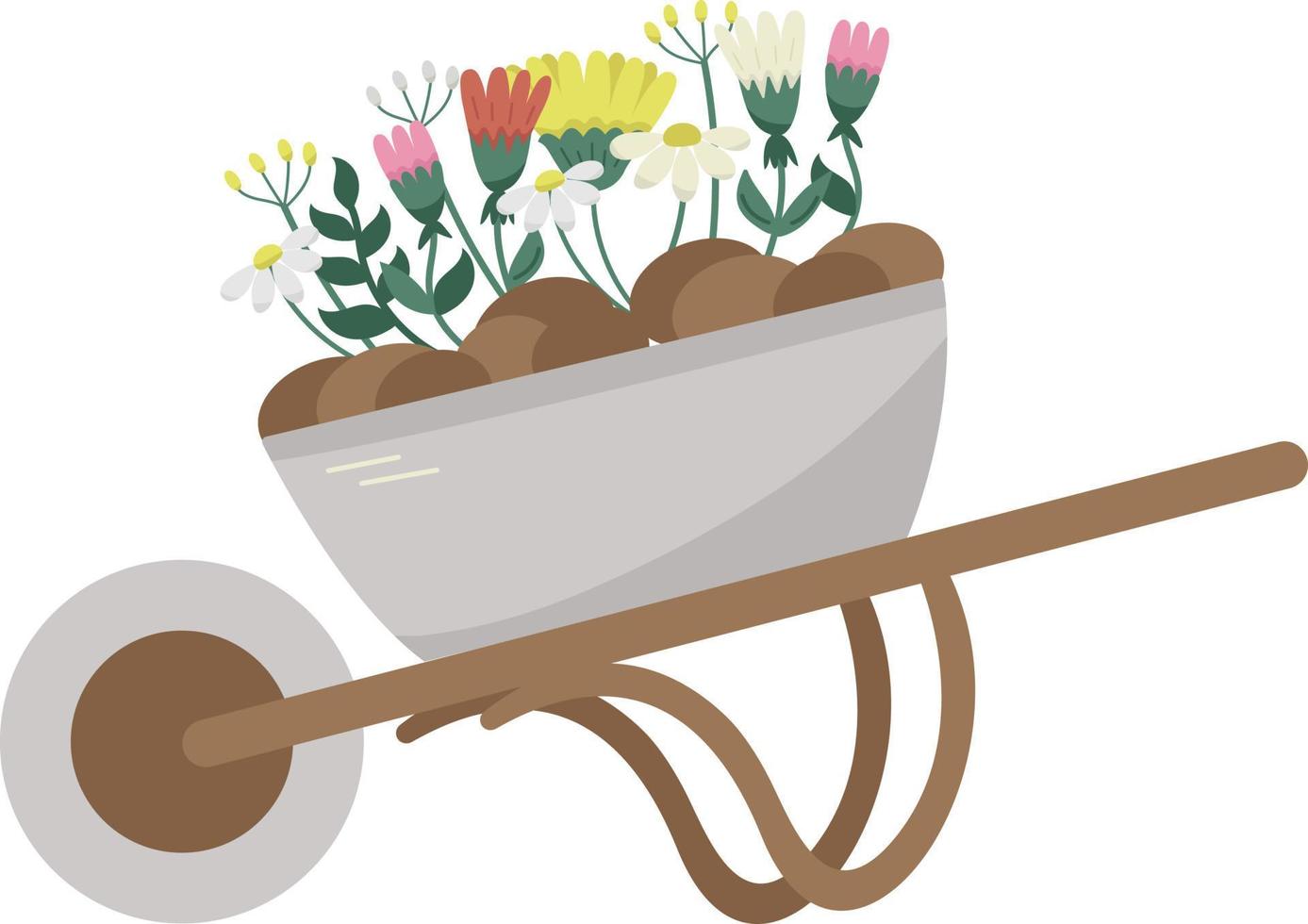Iron wheelbarrow with flowers for planting. Different flat flowers seedlings. Vector illustration isolated on transparent background.