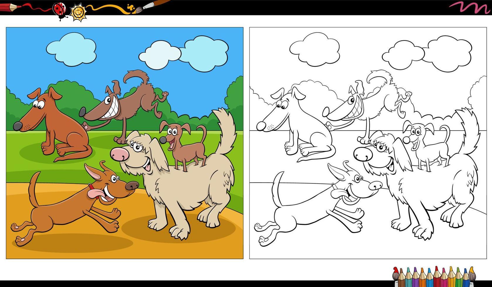 playful cartoon dogs group in the park coloring page vector