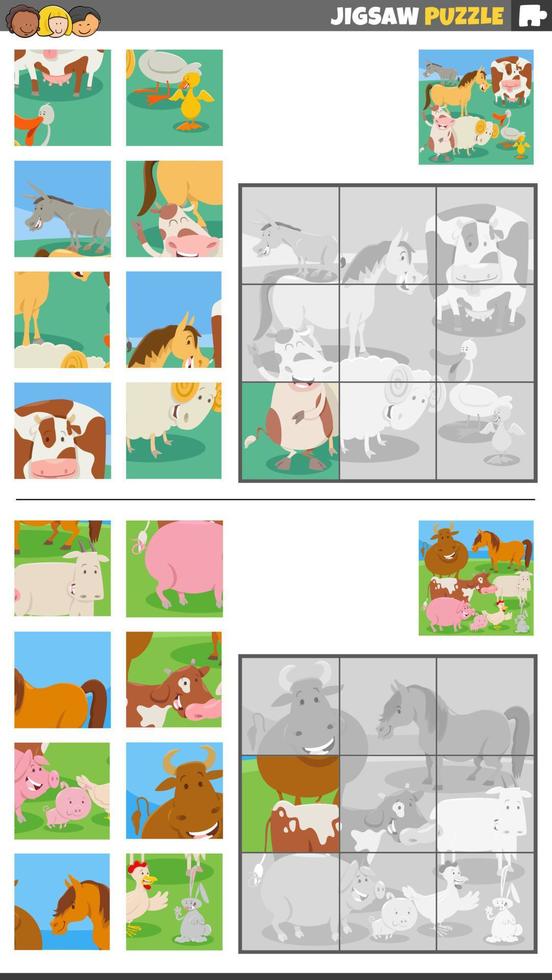 jigsaw puzzle game set with cartoon farm animals group vector