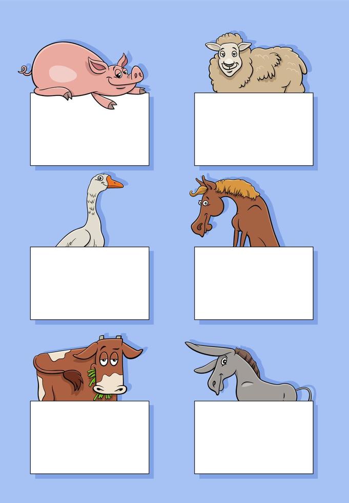 dibujos animados granja animales con tarjetas o pancartas diseño conjunto vector