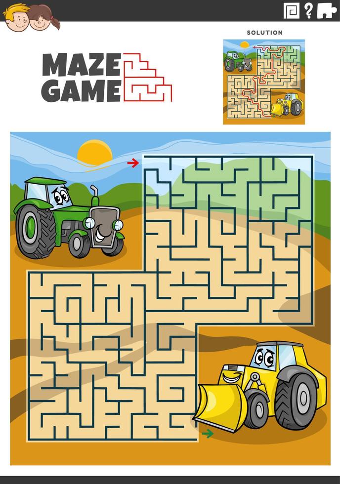 maze game with cartoon tractor and bulldozer characters vector