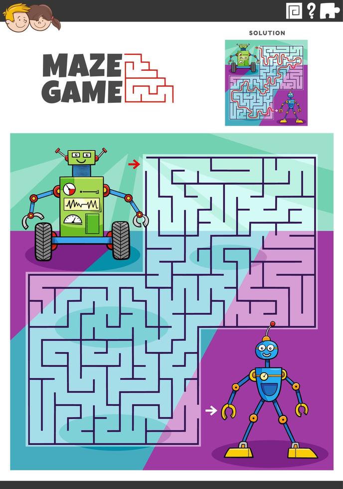 maze activity with cartoon robots or droids characters vector