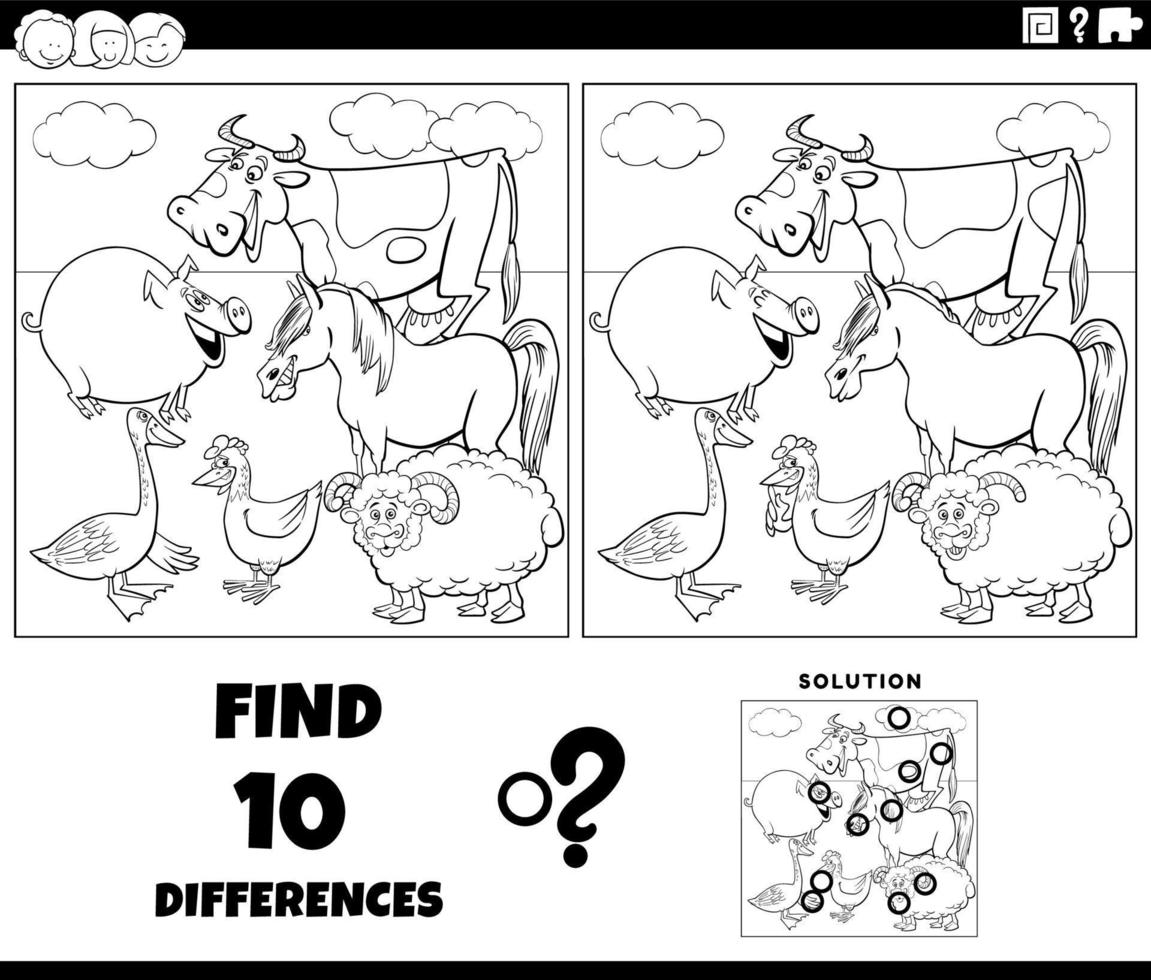 differences task with comic farm animals coloring page vector