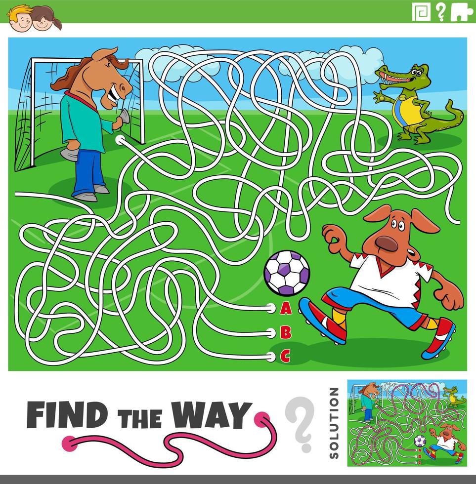 find the way maze game with cartoon animals playing soccer vector