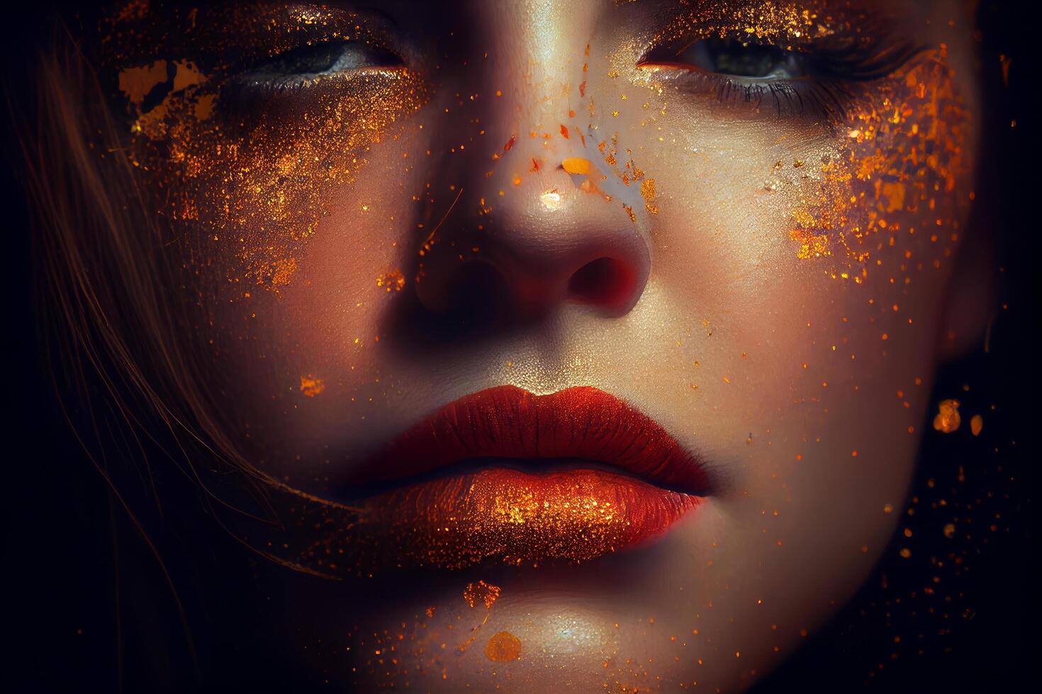 A girl' face lips close-up with golden glitter photo realistic