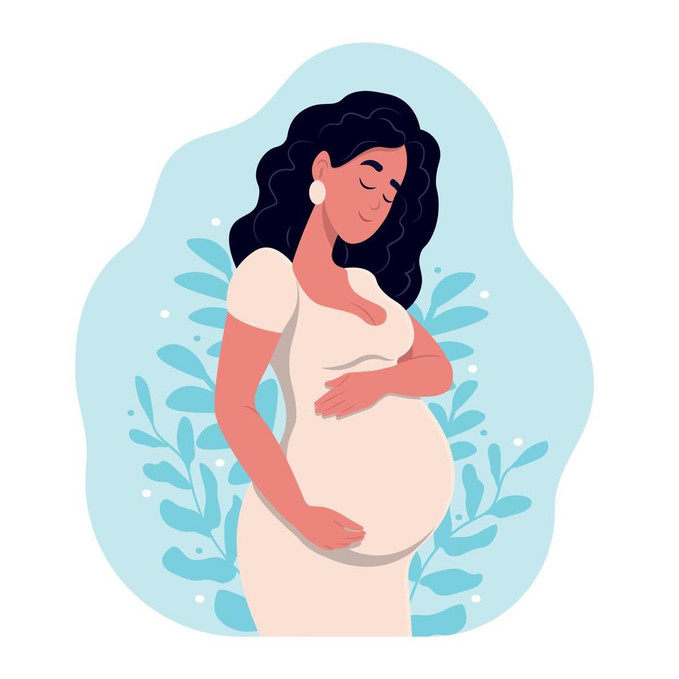 sano el embarazo. hermosa embarazada negro mujer abrazos su barriga. el concepto de el embarazo y maternidad. sano el embarazo. vector ilustración para doula, Partera, doctor.