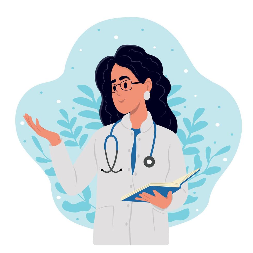 Happy doctor in white coat and stethoscope in hands with notebook pointing to side. International Doctor's Day. vector