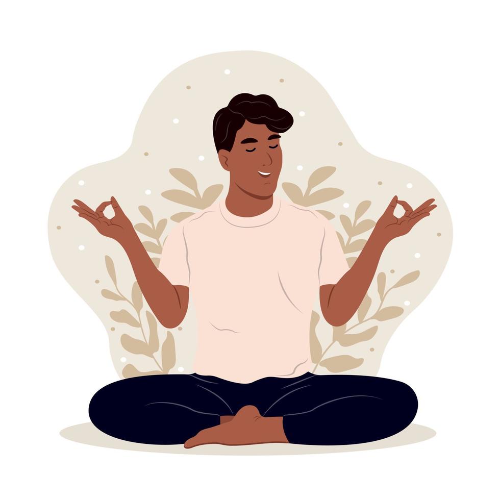 Young man meditating with eyes closed and legs crossed outdoors.International Yoga Day. The boy is doing her favorite hobby. vector