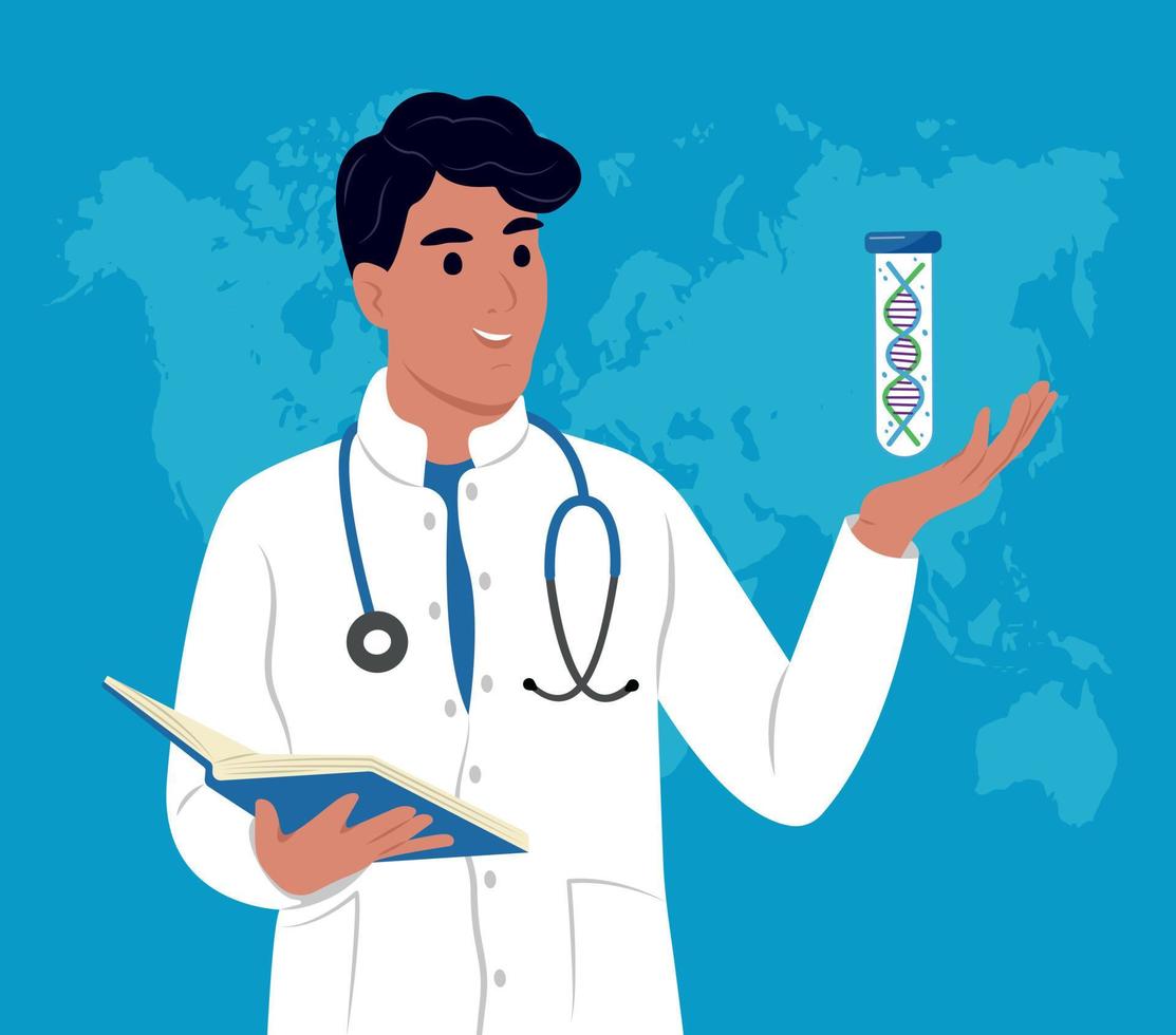 World Laboratory Day. April 23. A laboratory technician examines human DNA. World Laboratory Day. April 23. vector