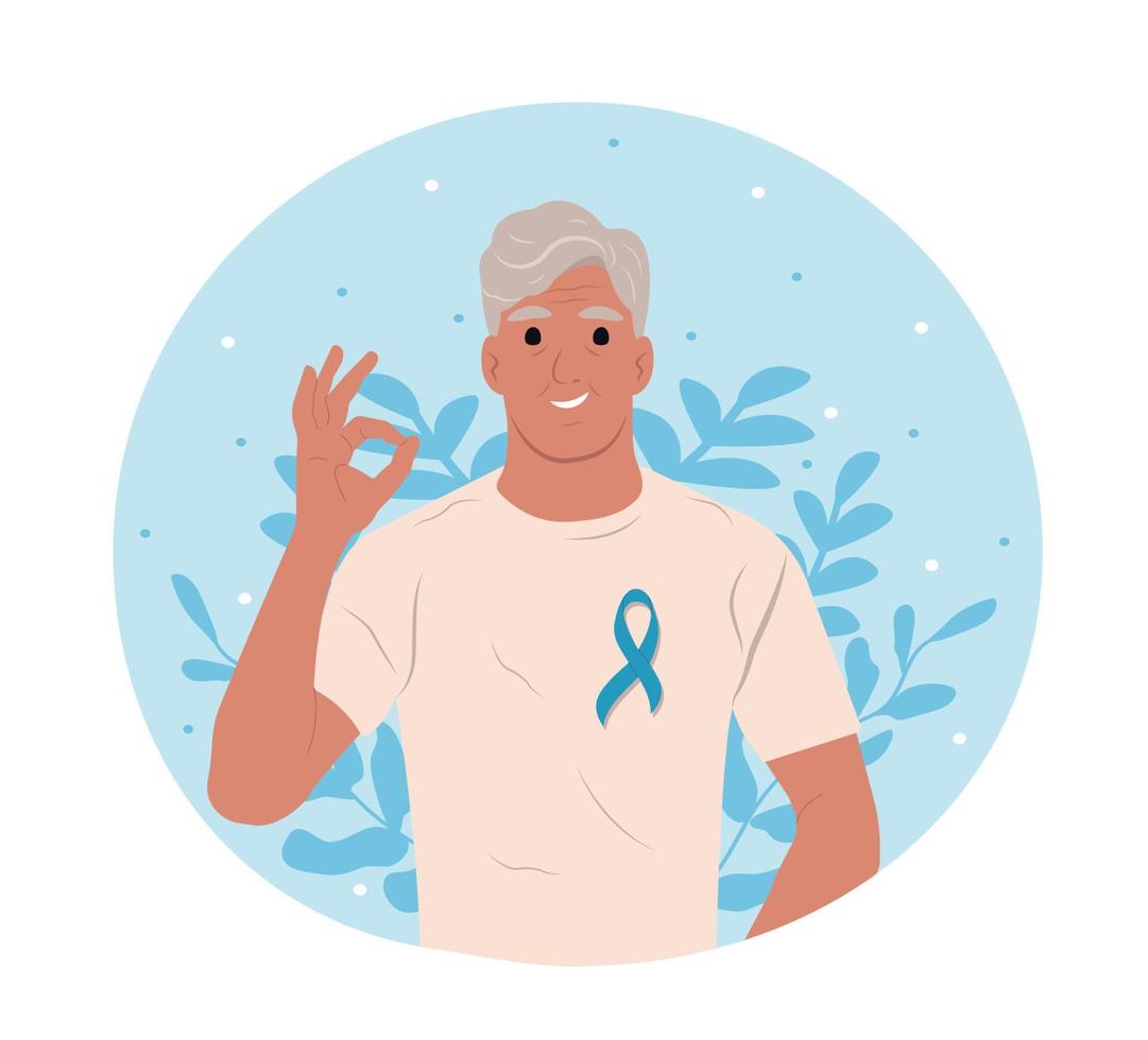 Elderly man and a symbol of mens health. Flat vector illustration. June 11 - World Prostate Cancer Day. Prostate cancer awareness ribbon with.