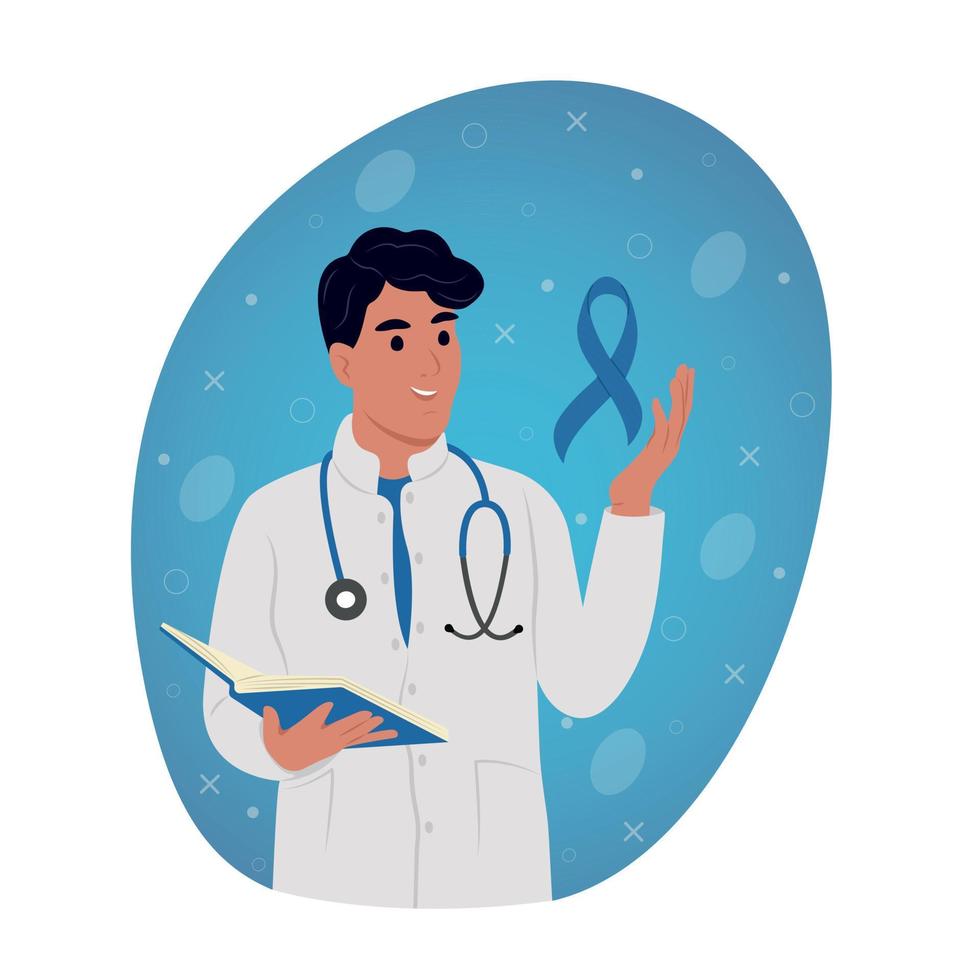 médico mans y un símbolo de de los hombres saludjunio 11 - mundo próstata cáncer día. próstata cáncer conciencia cinta con. plano vector ilustración.