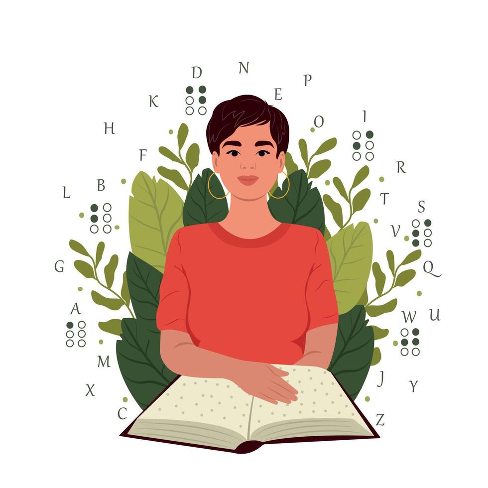 World Braille Day. Smiling blind woman reading something in braille. November 13 is International Day of the Blind. vector