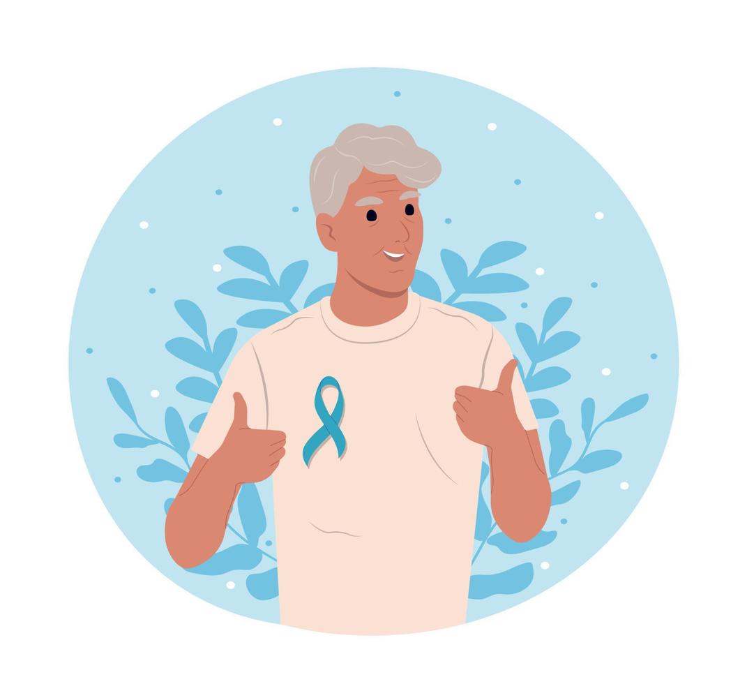 Elderly man and a symbol of mens health. Flat vector illustration. June 11 - World Prostate Cancer Day. Prostate cancer awareness ribbon with.