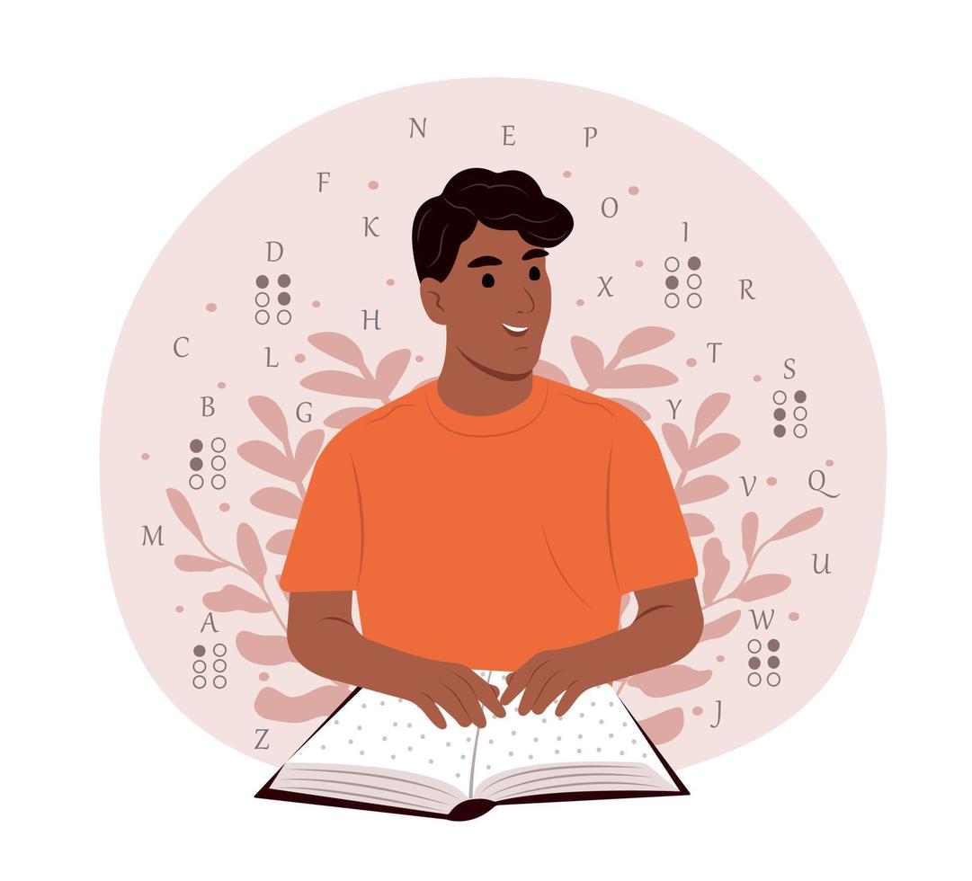 Black man reads something in Braille. World Braille Day. World Braille Day. November 13 - International Day of the Blind. June 27 - International Day of the Deaf-Blind. vector