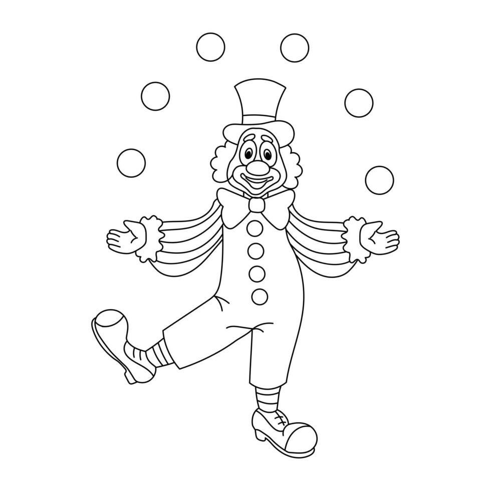 Cute funny cartoon clown juggler with balls. Sketch for children's coloring, line drawing, vector