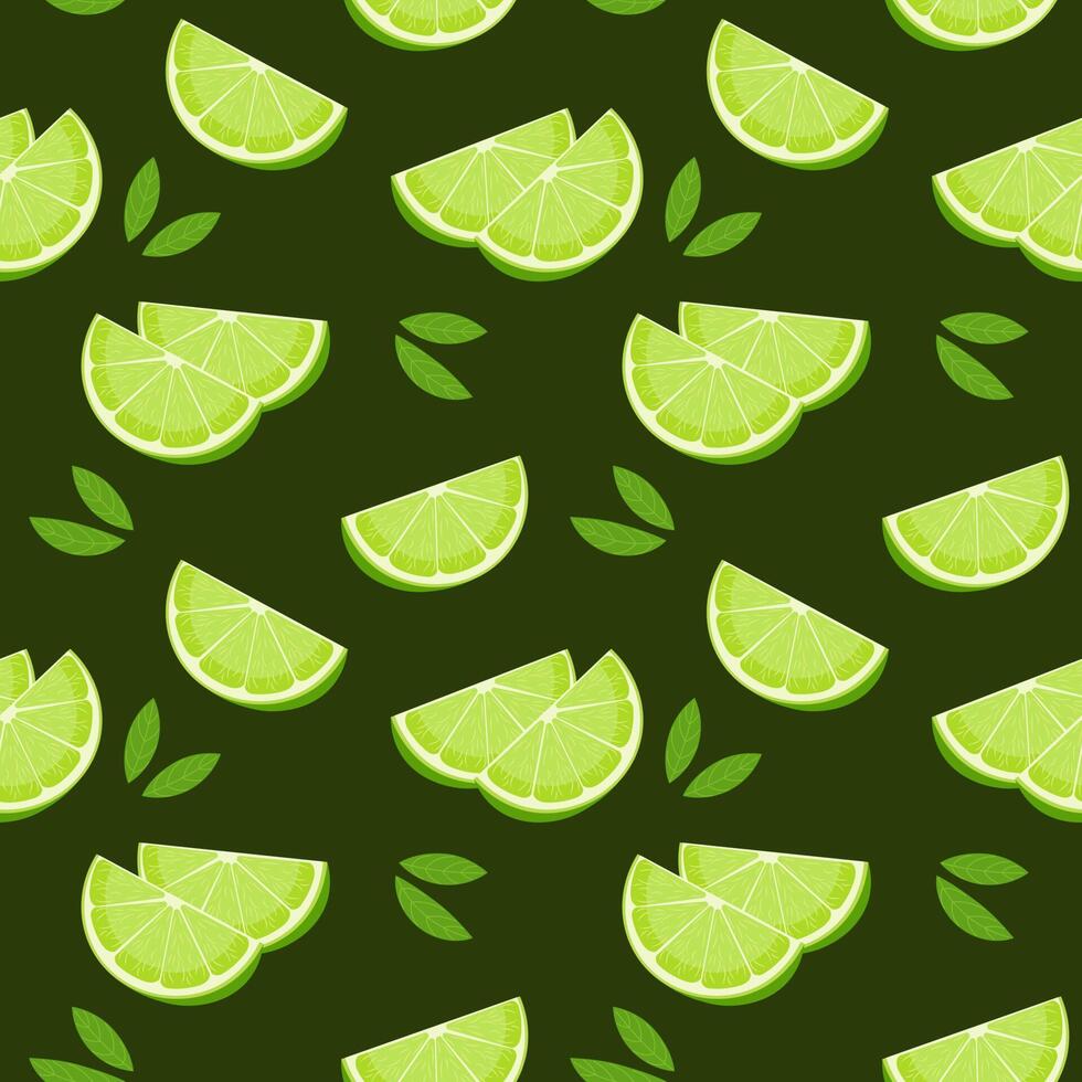 Seamless pattern, colorful lime slices and leaves on a green background. Fruit background, print, textile, vector