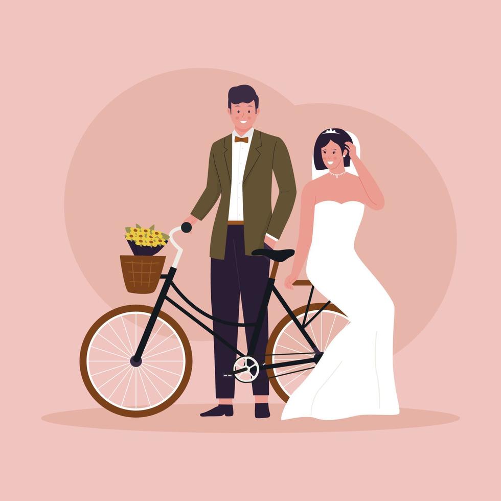 Flat design of wedding couple with bicycle vector