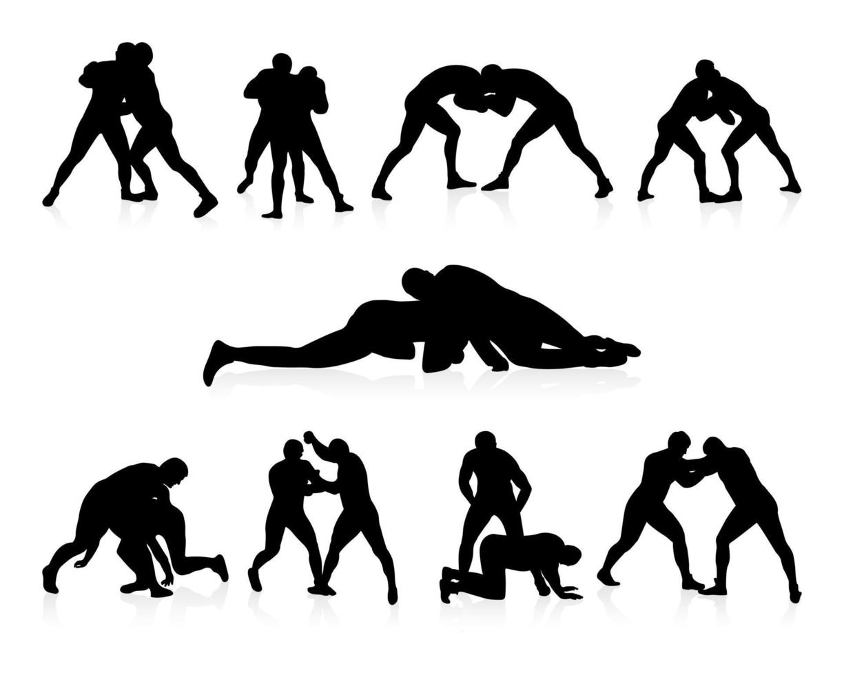 conjunto siluetas atleta luchador en lucha, duelo, luchar, lucha, combatiendo greco romano lucha, marcial arte, deportividad vector