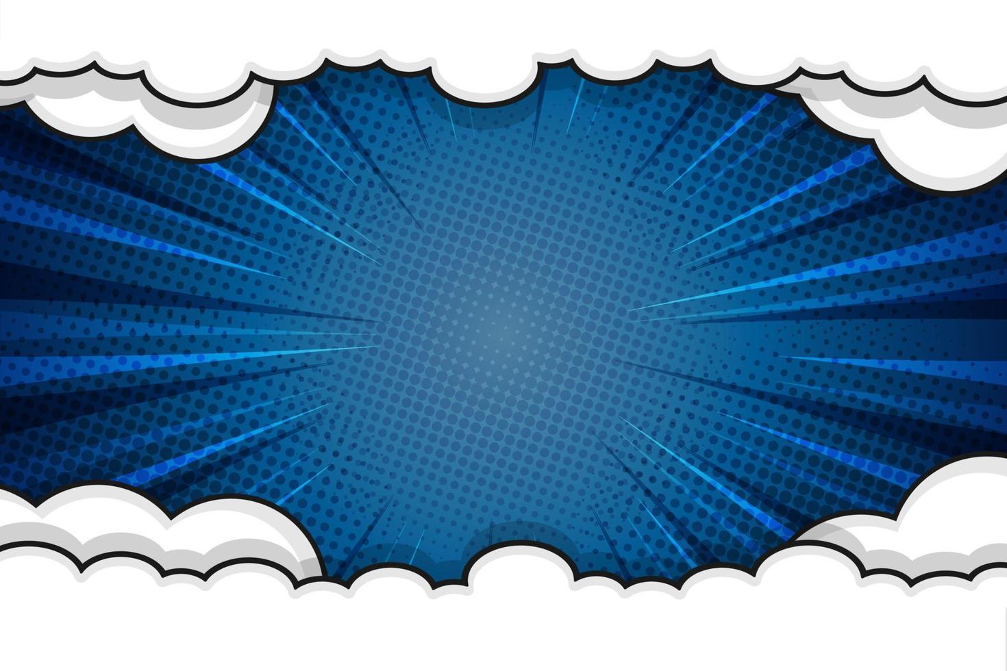 Blue pop art comic book background with rays and cloud frame vector