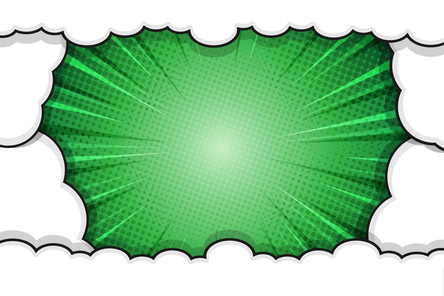 Green pop art comic book background with rays and cloud frame vector