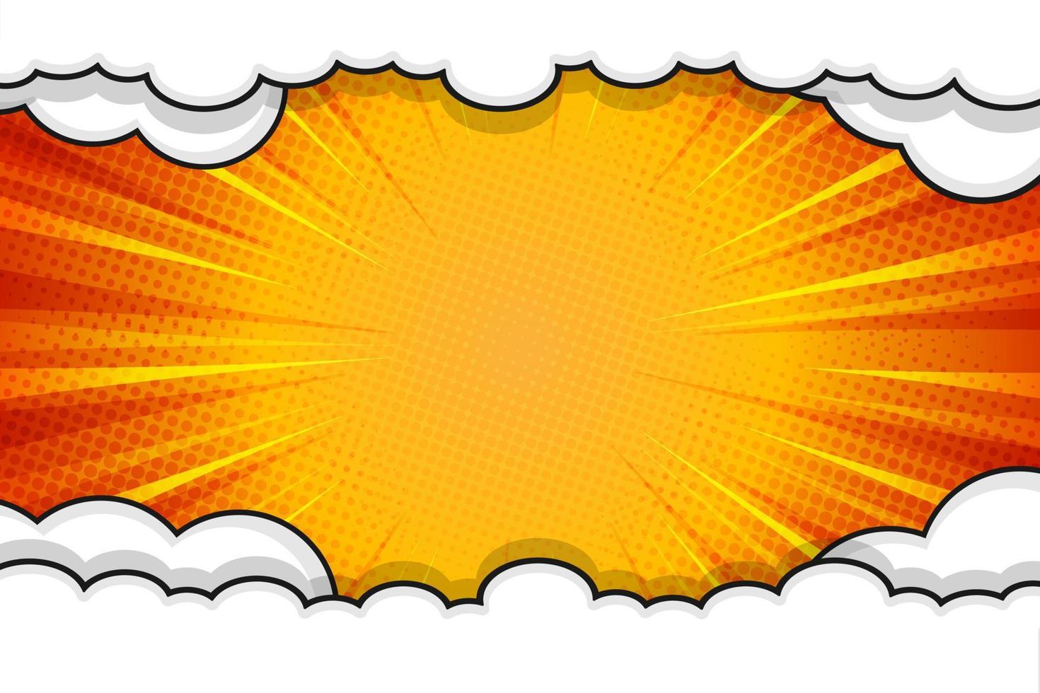 Yellow pop art comic book background with rays and cloud frame vector