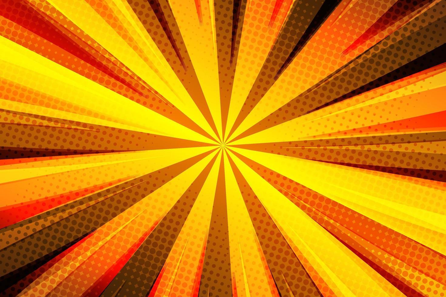 Halftone sunburst background with yellow rays, vector illustration