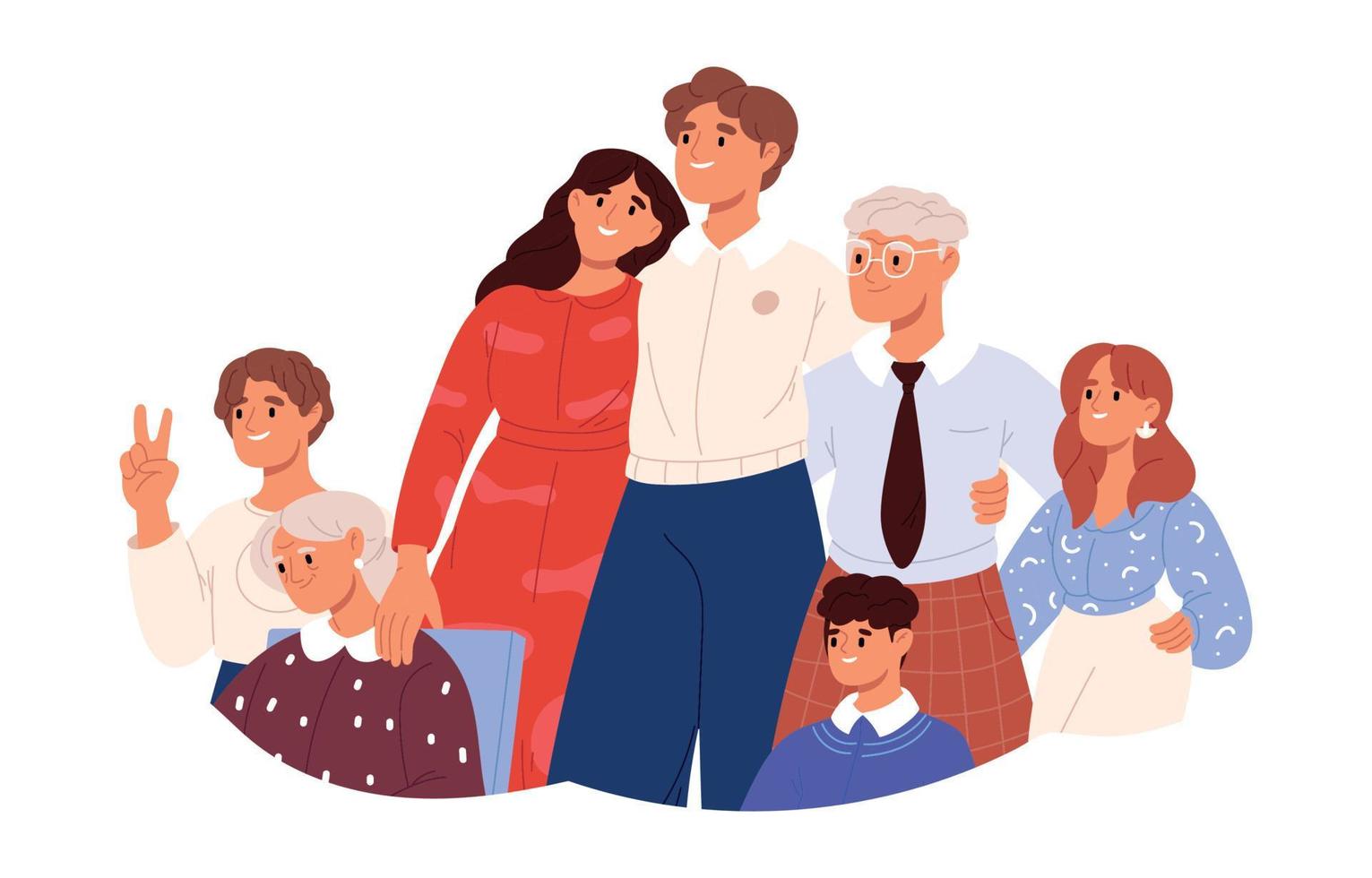 grande familia retrato. contento padre, madre, abuela, abuelo y niños. plano vector aislado ilustración