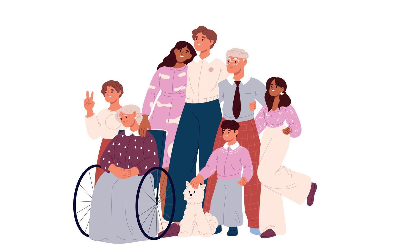 grande antiguo familia. contento dibujos animados personas caracteres con madre, niños, abuelo y hijo. plano vector aislado ilustración