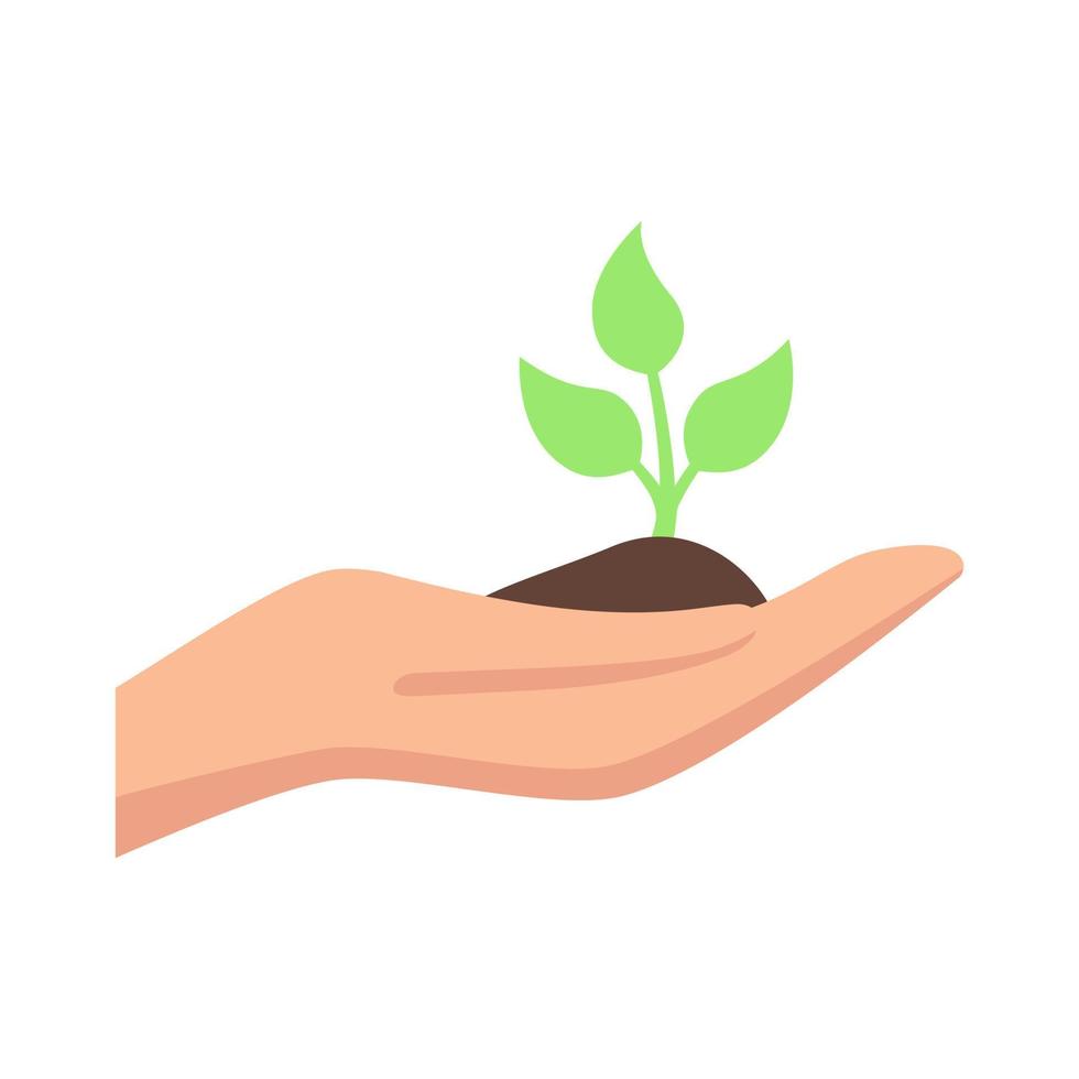 Hand holds green plant with soil. Planting new seedlings with ecology care and organic growing with bio protection against chemicals and harmful vector conditions