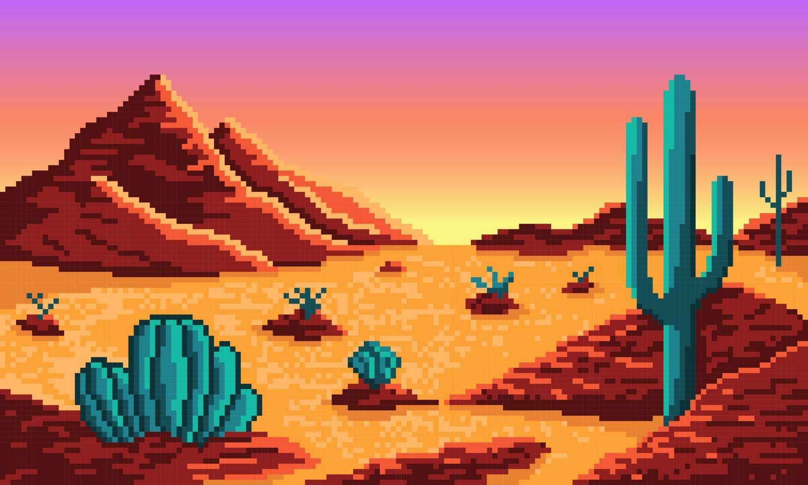 píxel Desierto con montañas y cactus antecedentes. caliente seco 8 bits Valle con amarillo arena y rojo colinas con turquesa espinoso plantas. degradado neón cielo antes de Mañana vector amanecer