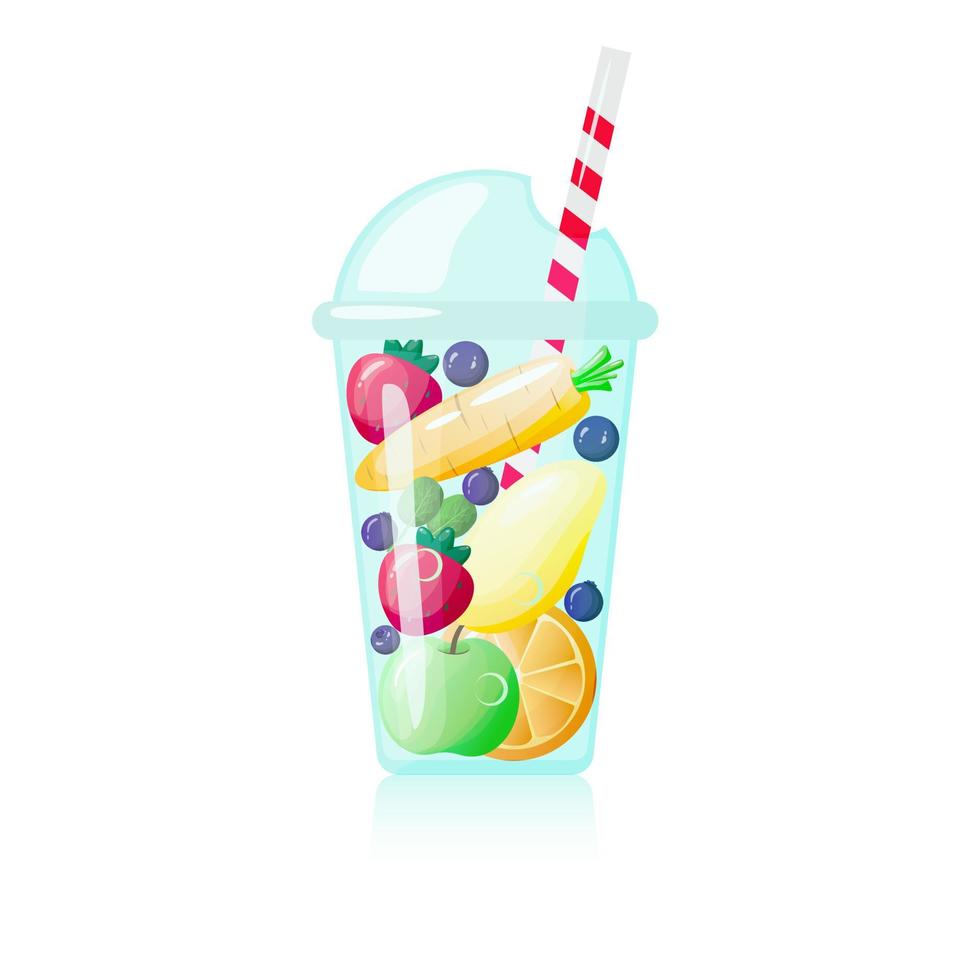 Fruit and vegetable smoothie in plastic cup with straw. Vector illustration.