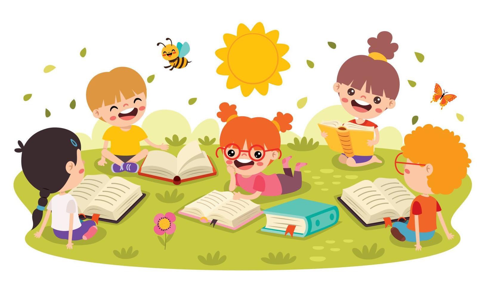 niños leyendo libro a naturaleza vector