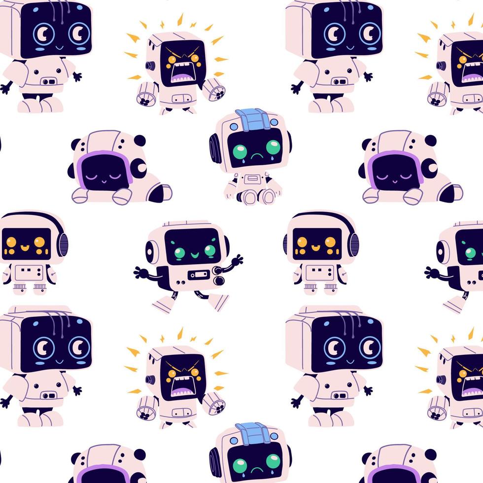 Seamless pattern with Cute robots in retro futuristic style. Android bot character, smart machine . Smart assistant with clipboard, studying information. vector
