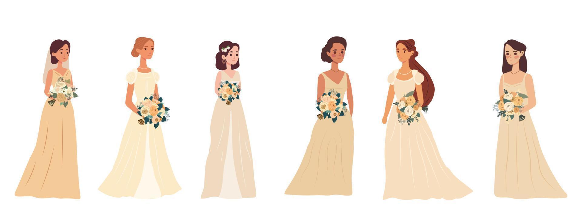 Big set of brides with a wedding bouquets of flowers. Vector illustration in flat cartoon style.