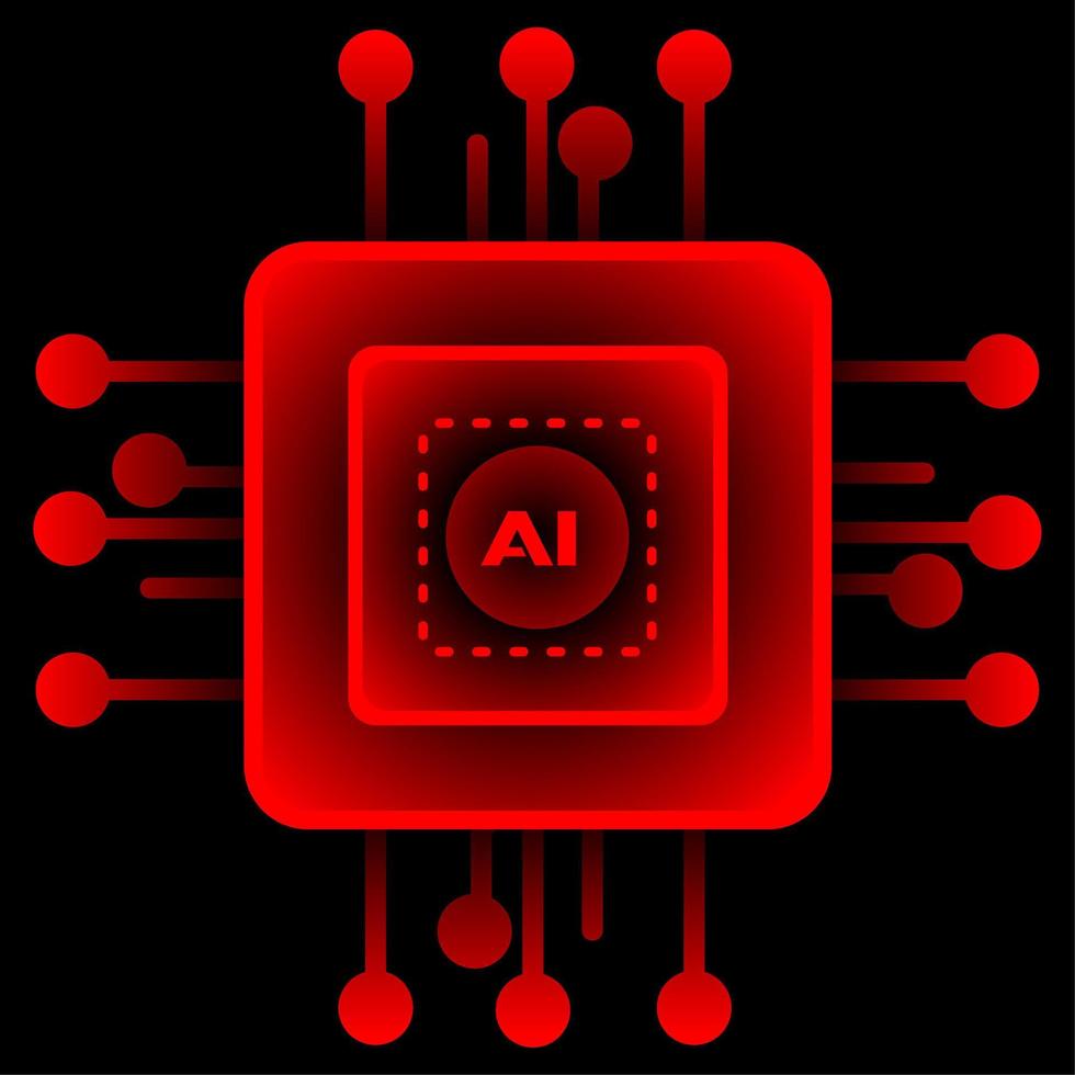 Artificial intelligence symbol vector illustration. Glowing red chipset for artificial intelligence illustration. Chip icon for graphic resource of technology, futuristic, computer, cyber and science