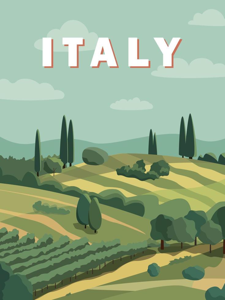 campo verano Italia paisaje, campos, viñedo y arboles en el antecedentes vector ilustración. romántico plano diseño póster. europeo verano viaje póster.