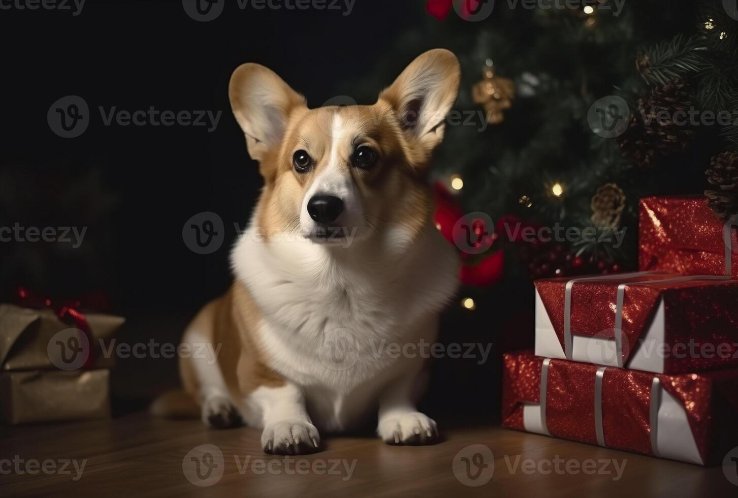 Corgi near the Christmas tree with gifts. . photo