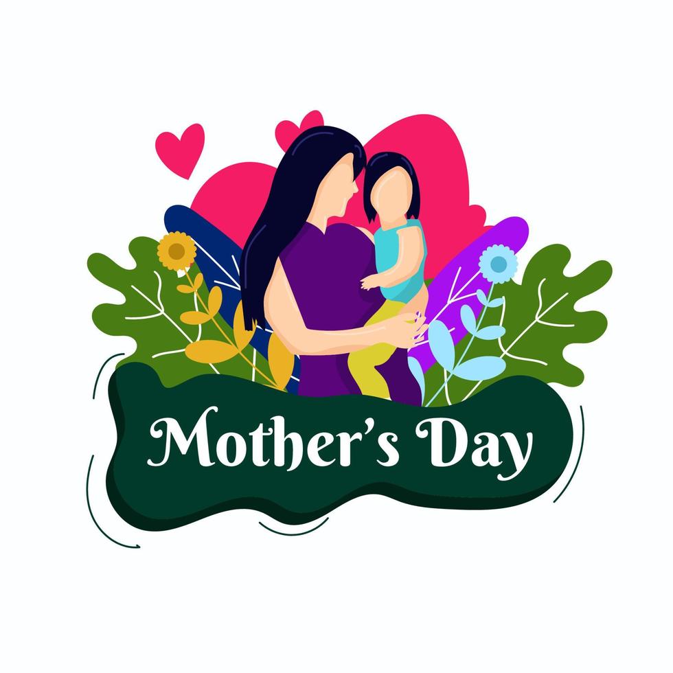 Happy mother's day, flat style greeting design with a mother holding a child, decorative leaves, flowers and hearts vector