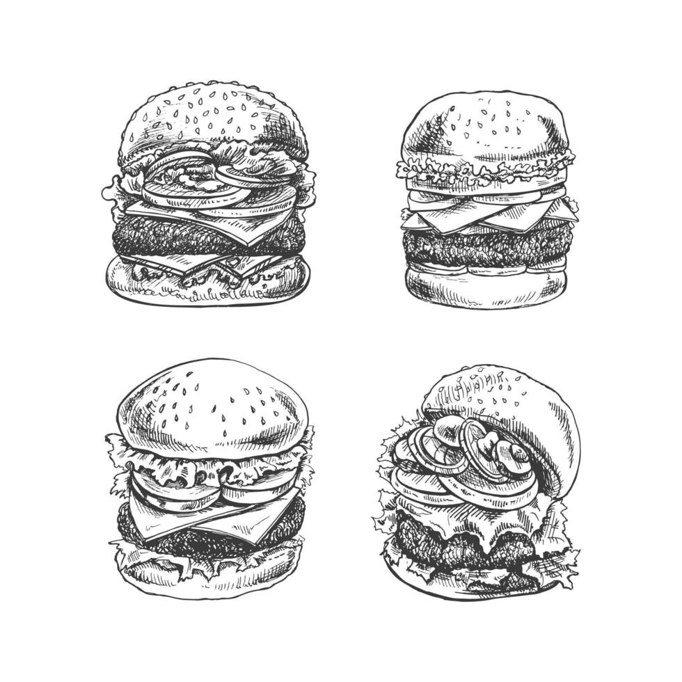 Burgers set. Hand drawn sketch of different burgers with bacon, cheese, salad, tomatoes, cucumbers etc. Fast food retro vector illustrations collection isolated on white background.