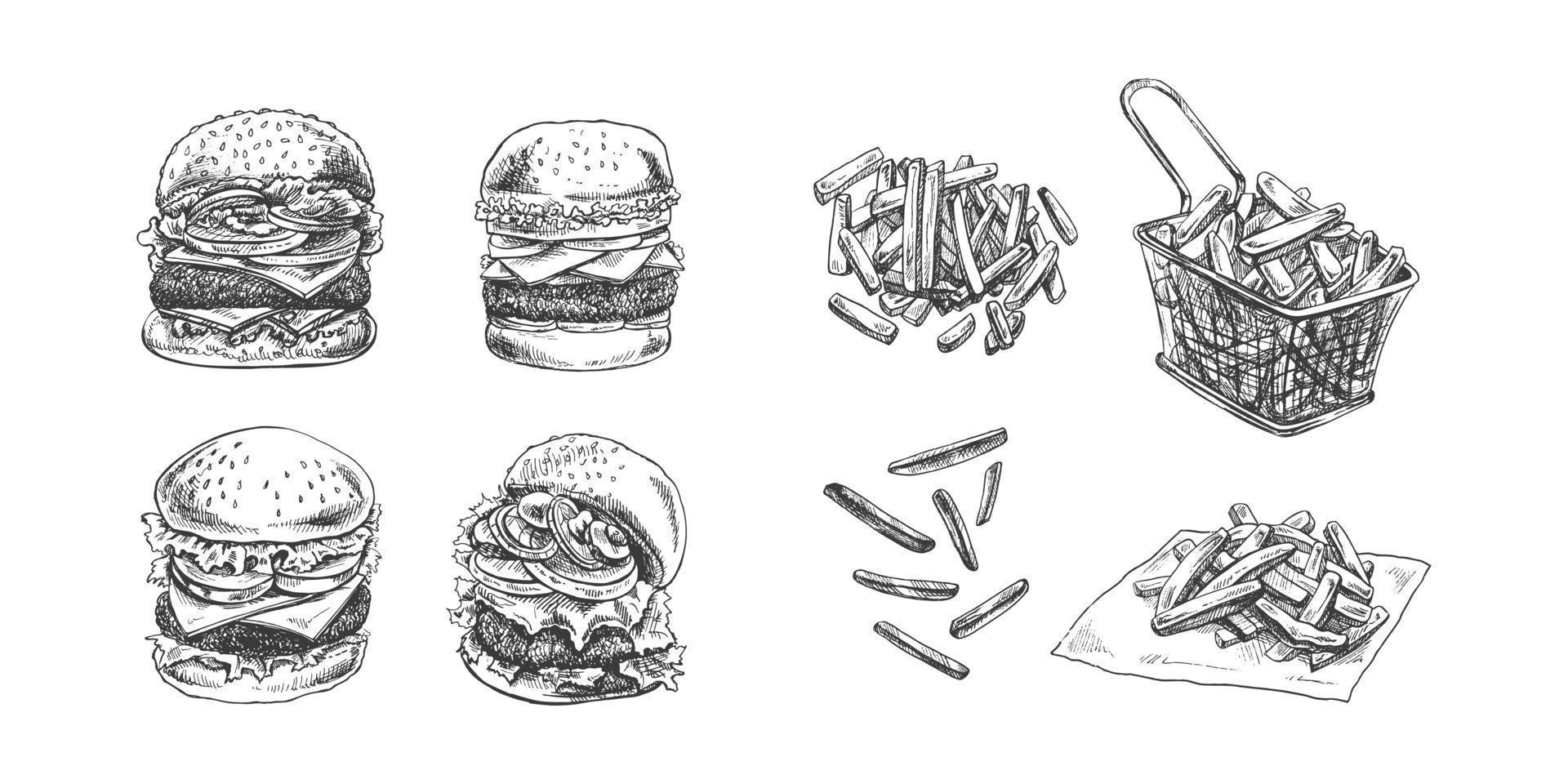 hamburguesas y patata francés papas fritas colocar. mano dibujado bosquejo de diferente hamburguesas y francés papas fritas rápido comida retro vector ilustraciones colección aislado en blanco antecedentes. Clásico ilustración.