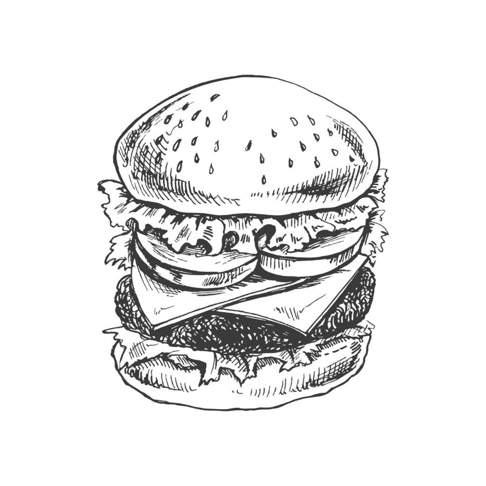 Hand-drawn sketch of great delicious sandwich, burger, hamburger isolated on white background. Fast food vintage illustration. Element for the design of labels, packaging and postcards vector